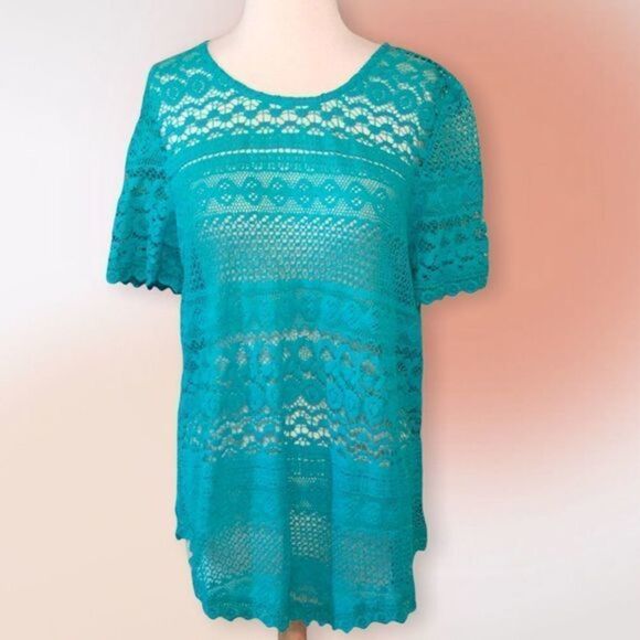 COLDWATER Creek‎ Turquoise Lace Open Weave Swimsuit Cover Tunic L 14 - Picture 1 of 10